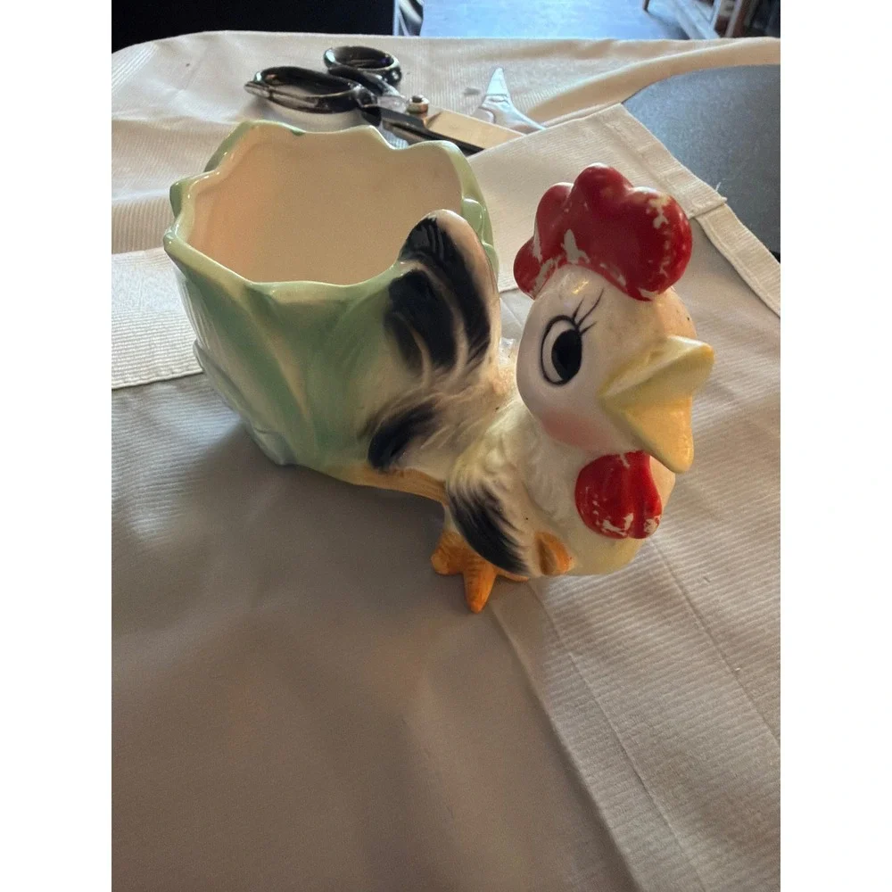 Vintage Ceramic Rooster Cabbage Planter‎ Figurine Mid Century Farmhouse Kitsch